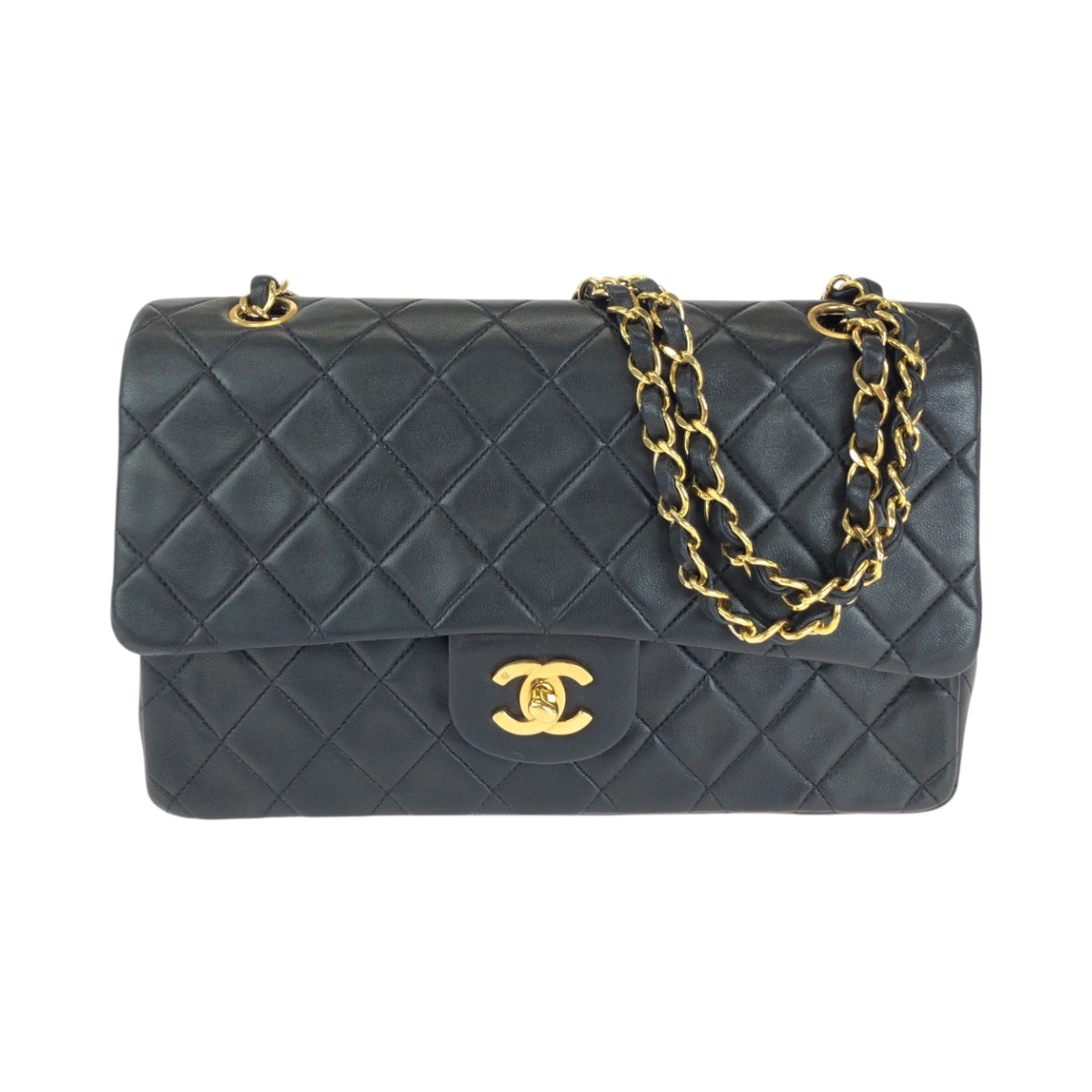 Chanel Shoulder Bag Lambskin Black Gold Metal Chain Shoulder Bag Mattasse Double Flap Coco Mark Turnlock Women Used Authentic