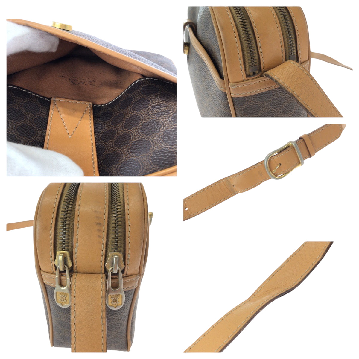 Celine Shoulder Bag M13 Pvc Brown Gold Metal Shoulder Bag Pochette Macadam Pattern Women Used Authentic