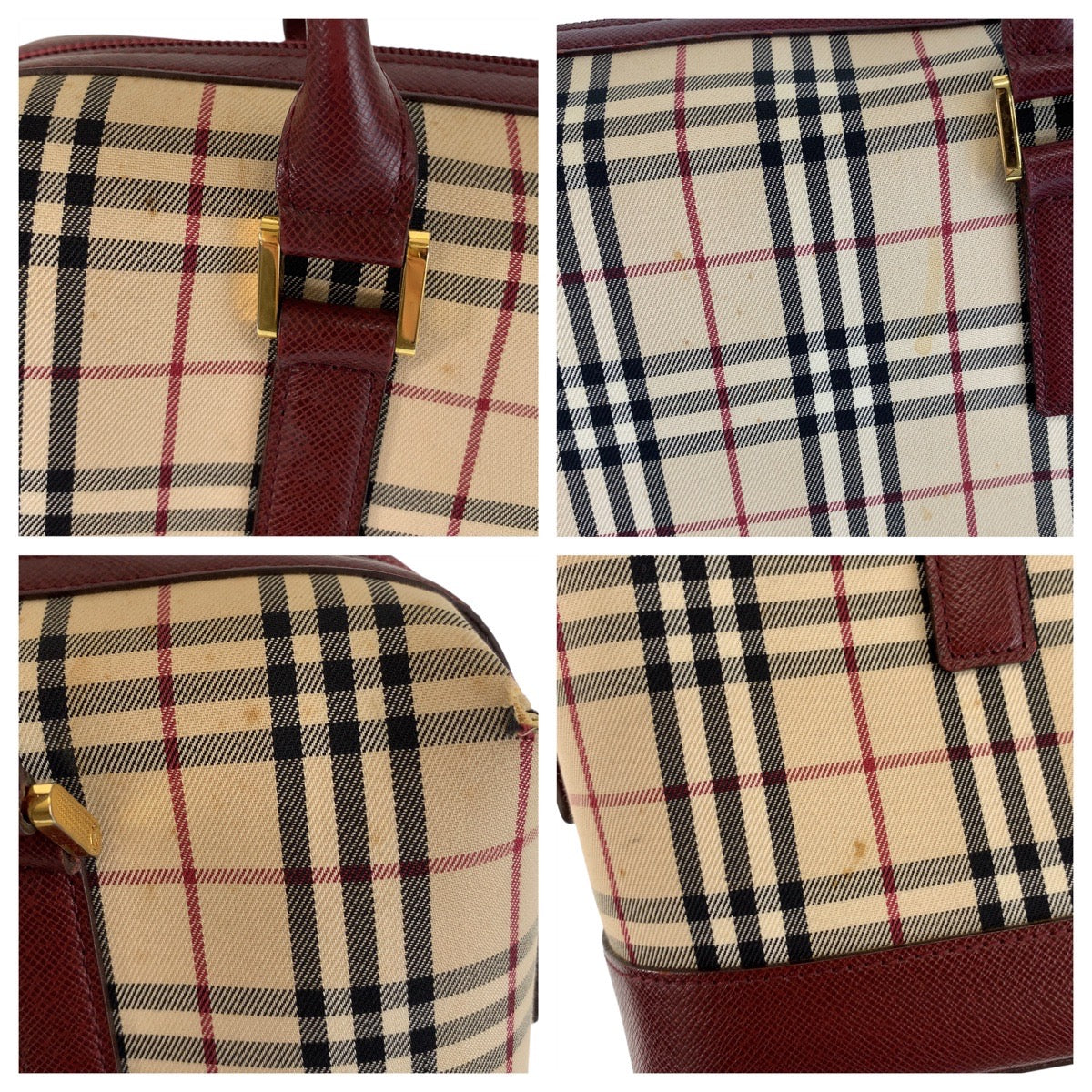 Burberry Shoulder Bag Canvas, Leather Beige Bordeaux Gold Metal Shoulder Bag Check Pattern Women Used Authentic