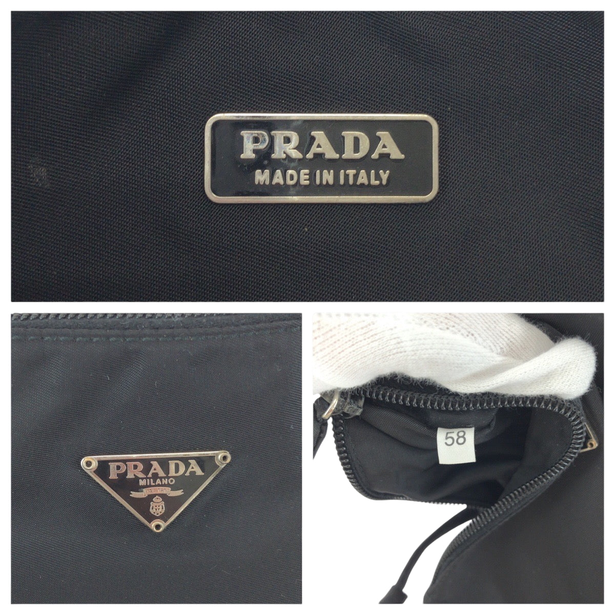 Prada Handbag Nylon Black Silver Metal Handbag Accessory Pouch Test Triangle With Logo Women Used Authentic