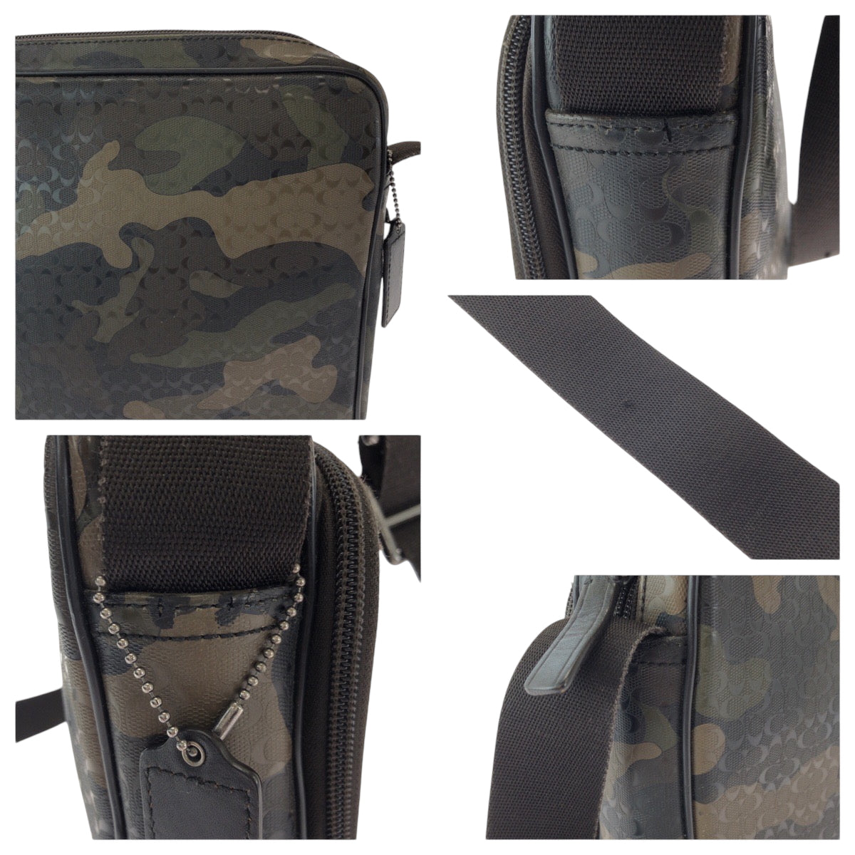 Coach Shoulder Bag Leather Khaki Black Silver Metal Shoulder Bag Pochette Signature Camouflage Pattern Mens Used Authentic