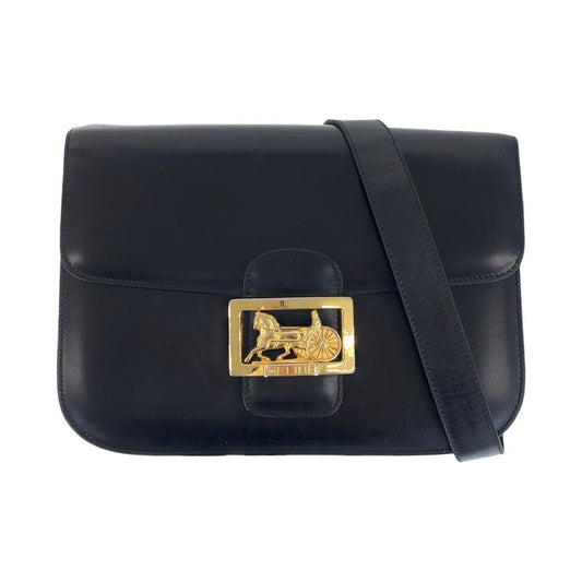 Celine Shoulder Bag Leather Black Gold Metal Shoulder Bag Pochette Horse Carriage Women Used Authentic