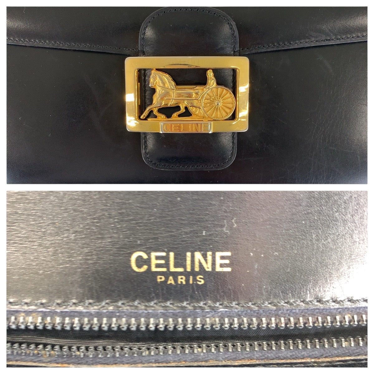 Celine Shoulder Bag Leather Black Gold Metal Shoulder Bag Pochette Horse Carriage Women Used Authentic