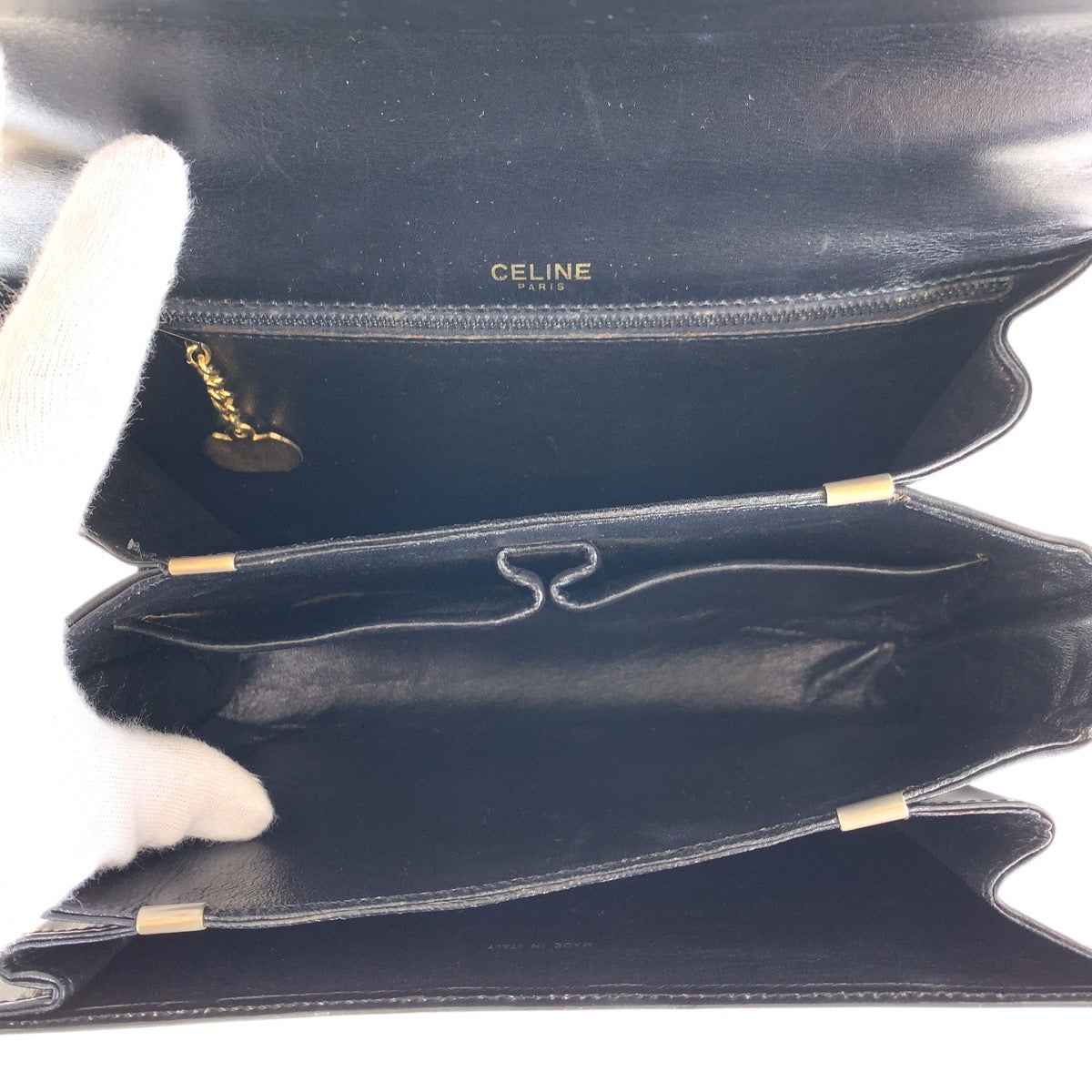 Celine Shoulder Bag Leather Black Gold Metal Shoulder Bag Pochette Horse Carriage Women Used Authentic