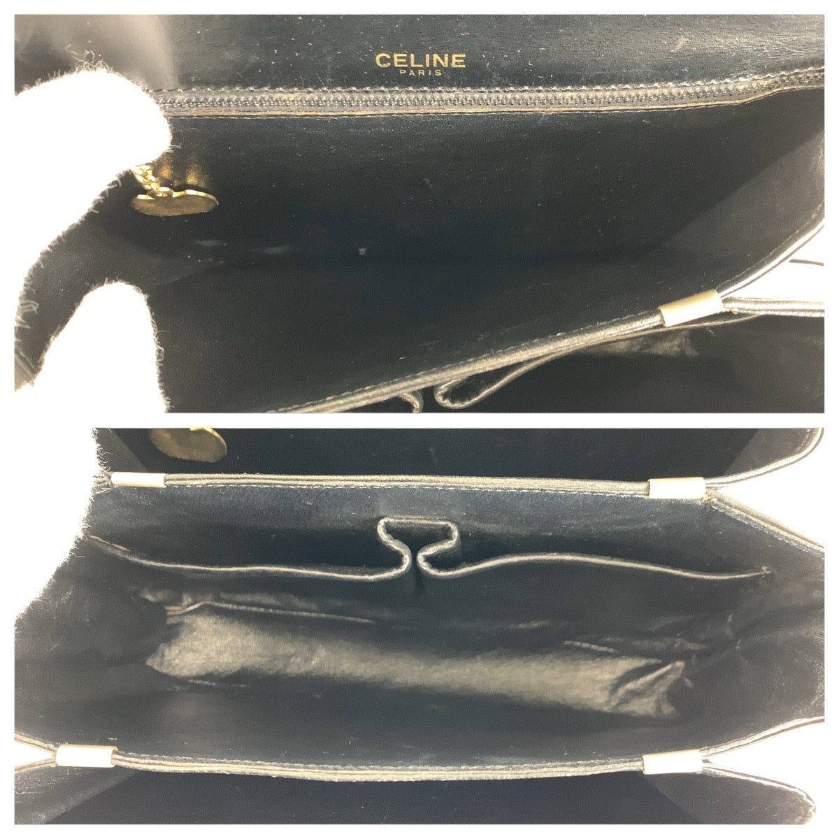 Celine Shoulder Bag Leather Black Gold Metal Shoulder Bag Pochette Horse Carriage Women Used Authentic