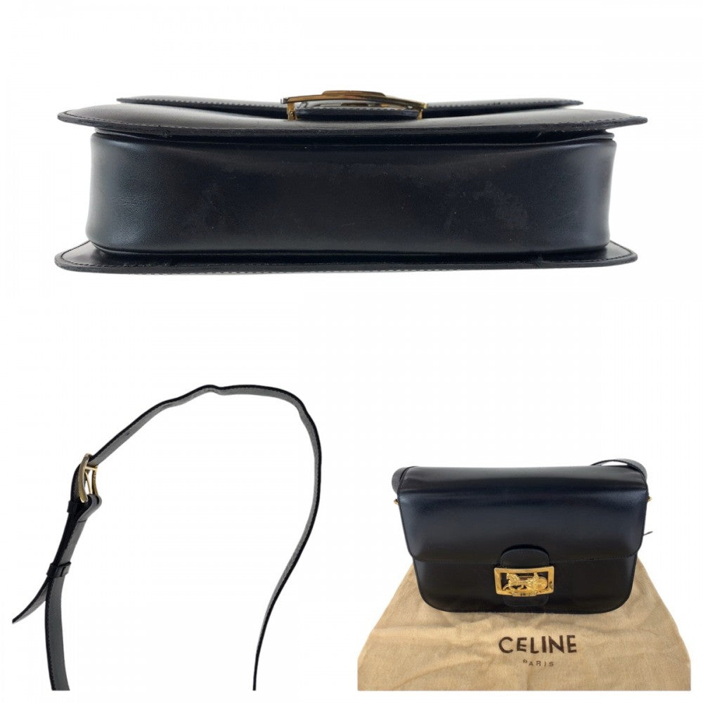 Celine Shoulder Bag Leather Black Gold Metal Shoulder Bag Pochette Horse Carriage Women Used Authentic