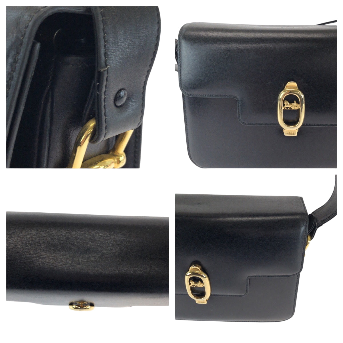 Celine Shoulder Bag Leather Black Gold Metal Shoulder Bag Shoulder Bag Carriage Metal Women Used Authentic