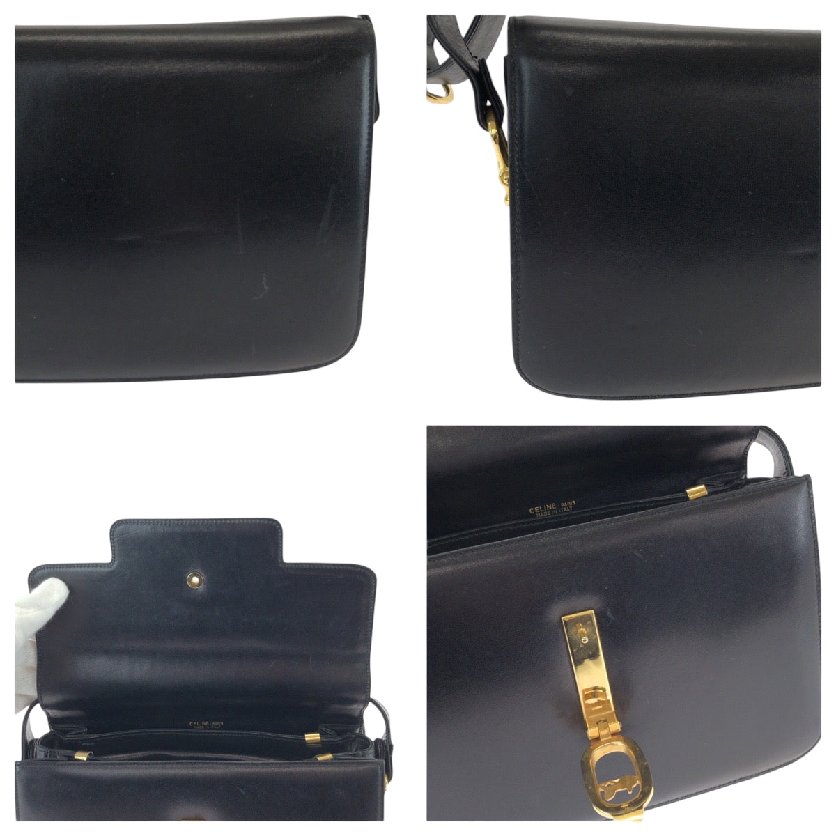 Celine Shoulder Bag Leather Black Gold Metal Shoulder Bag Shoulder Bag Carriage Metal Women Used Authentic