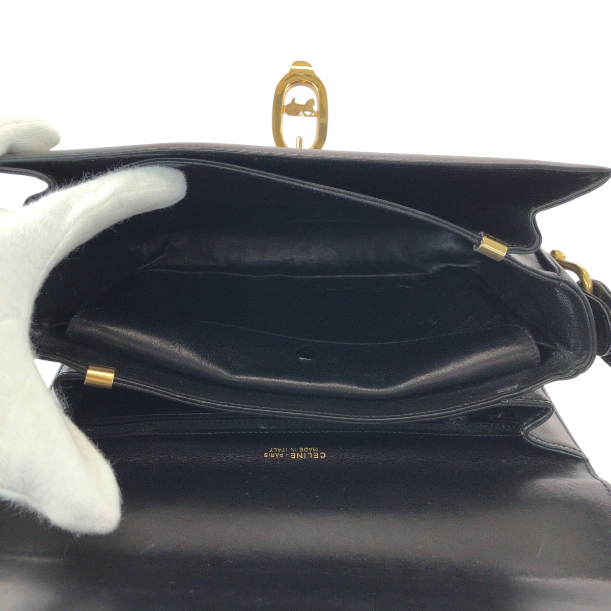 Celine Shoulder Bag Leather Black Gold Metal Shoulder Bag Shoulder Bag Carriage Metal Women Used Authentic