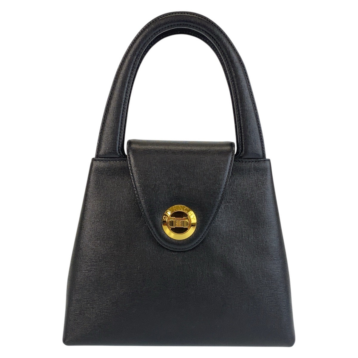 Givenchy Handbag Leather Black Gold Metal Circle Logo Women Used Authentic