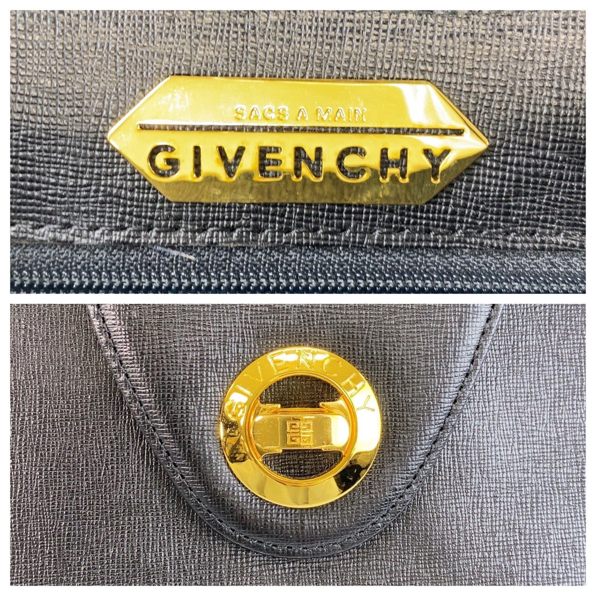 Givenchy Handbag Leather Black Gold Metal Circle Logo Women Used Authentic