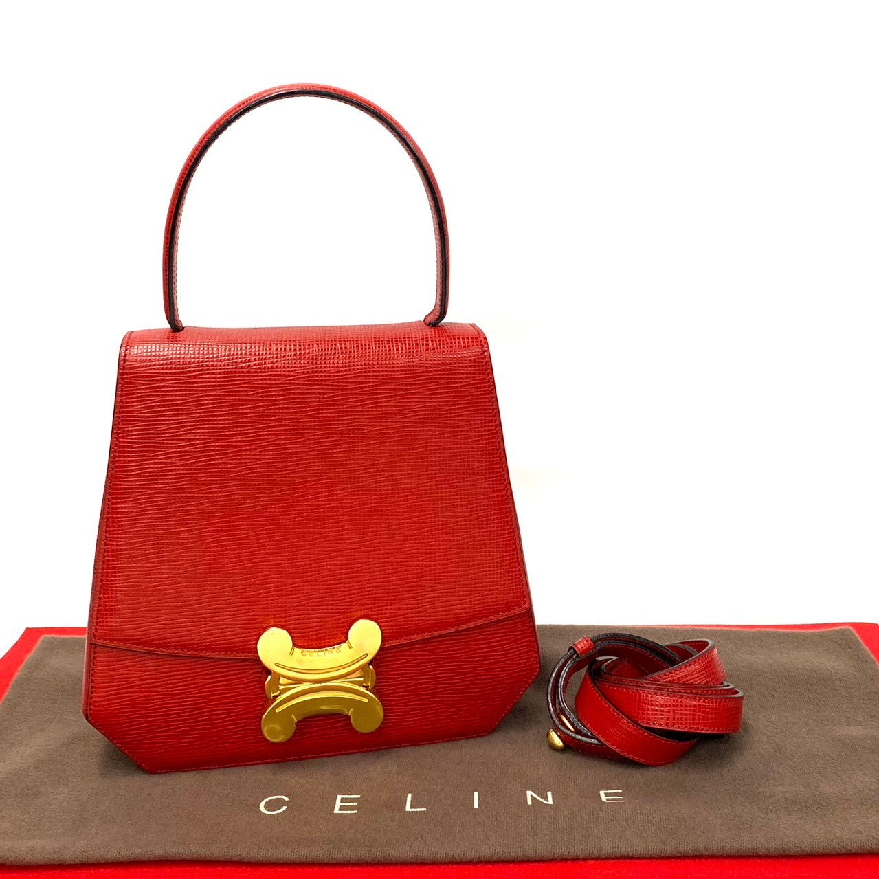 Celine Shoulder Bag Leather Red Triomphe Logo Metal Women Used Authentic