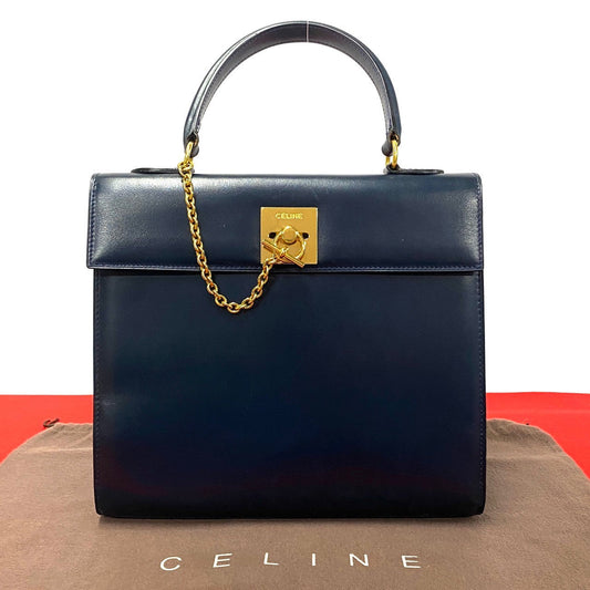 Celine Handbag Leather Navy Gancini Metal Women Used Authentic