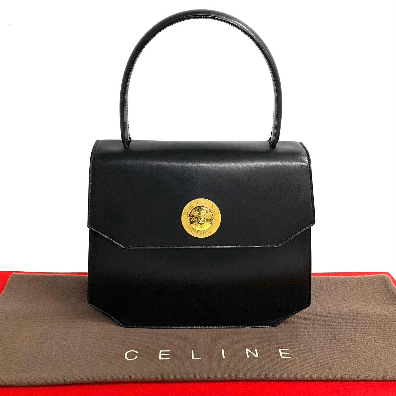 Celine Handbag Leather Black Star Ball Circle Metal Women Used Authentic