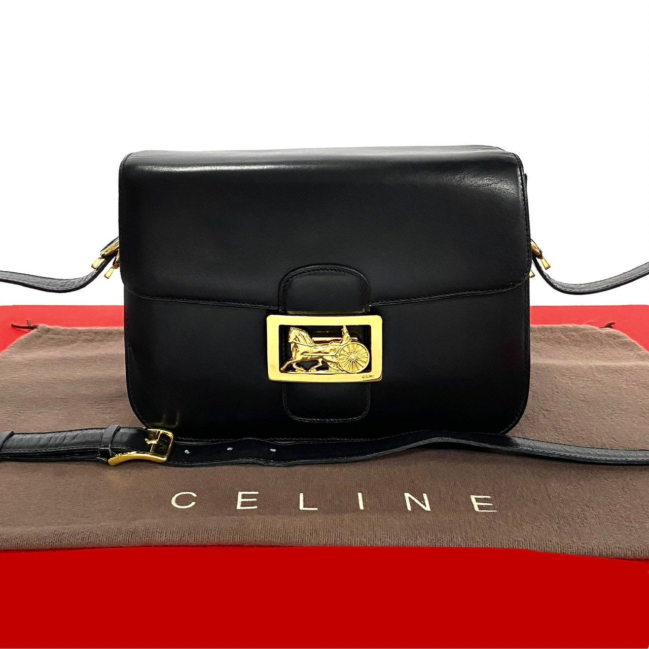 Celine Shoulder Bag Calfskin, Leather Black Logo Carriage Metal Women Used Authentic