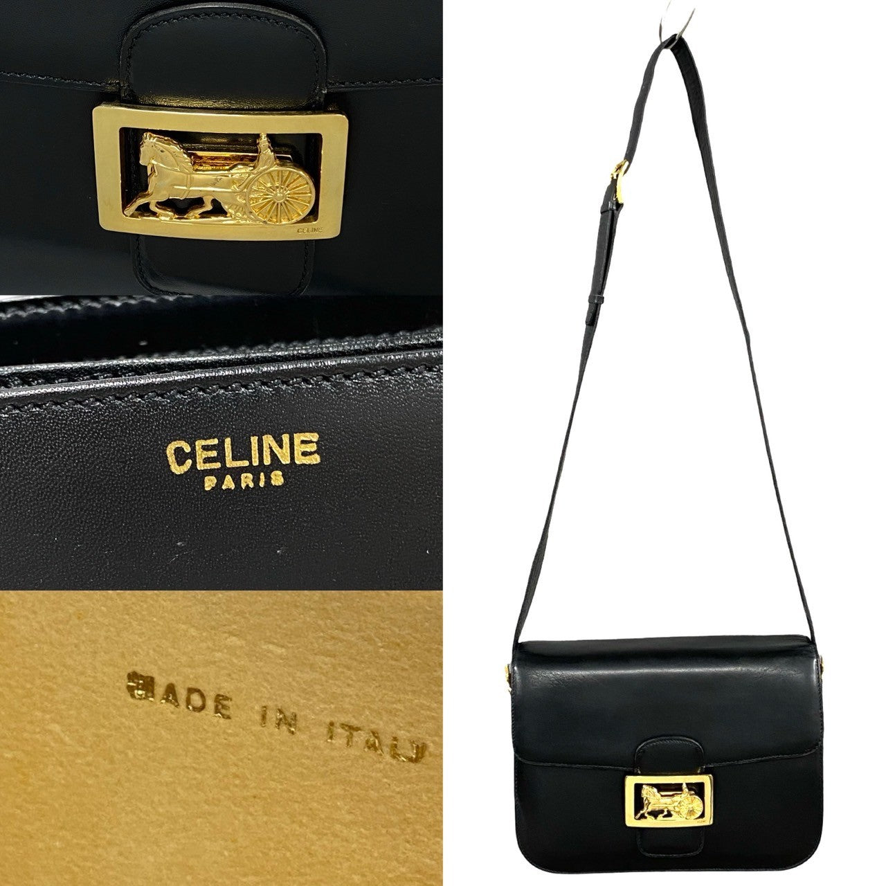 Celine Shoulder Bag Calfskin, Leather Black Logo Carriage Metal Women Used Authentic