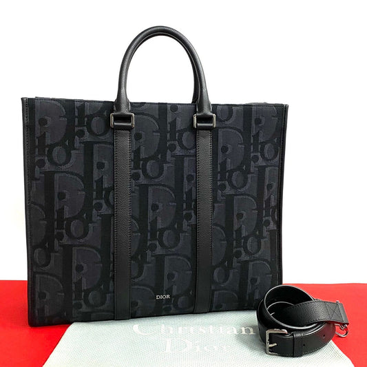 Dior Tote Bag Leather, Canvas Black Trotter Pattern East West Mens Used Authentic