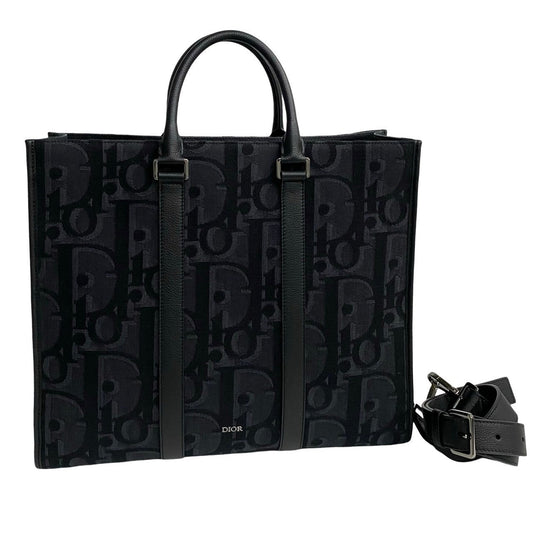 Dior Tote Bag Leather, Canvas Black Trotter Pattern East West Mens Used Authentic