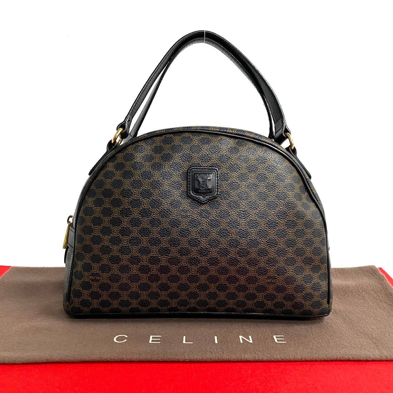 Celine Handbag Leather, Pvc Black Macadam Blason Triomphe Pattern Women Used Authentic