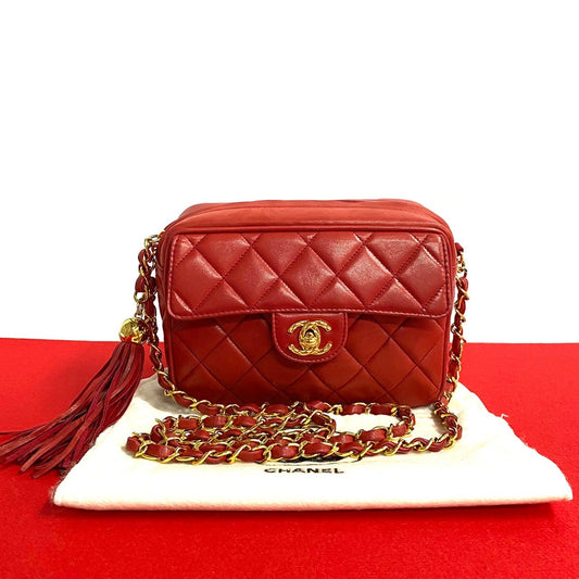 Chanel Shoulder Bag Lambskin Red Coco Mark Matrasse Women Used Authentic