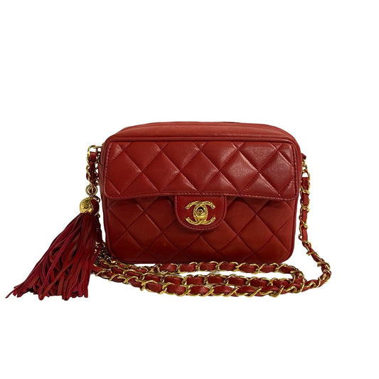 Chanel Shoulder Bag Lambskin Red Coco Mark Matrasse Women Used Authentic