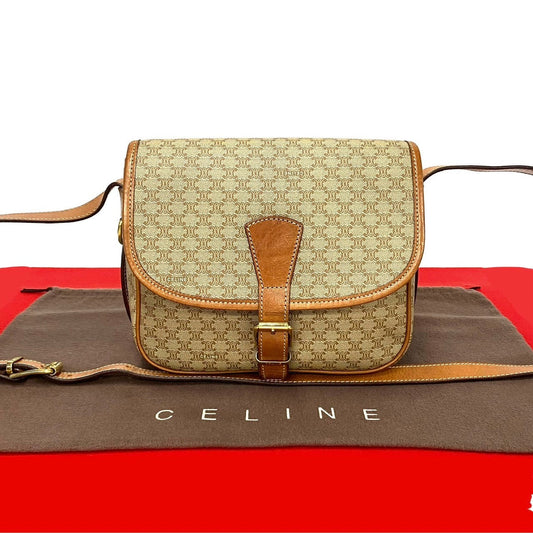 Celine Shoulder Bag Leather, Pvc Brown Macadam Blason Triomphe Pattern Women Used Authentic