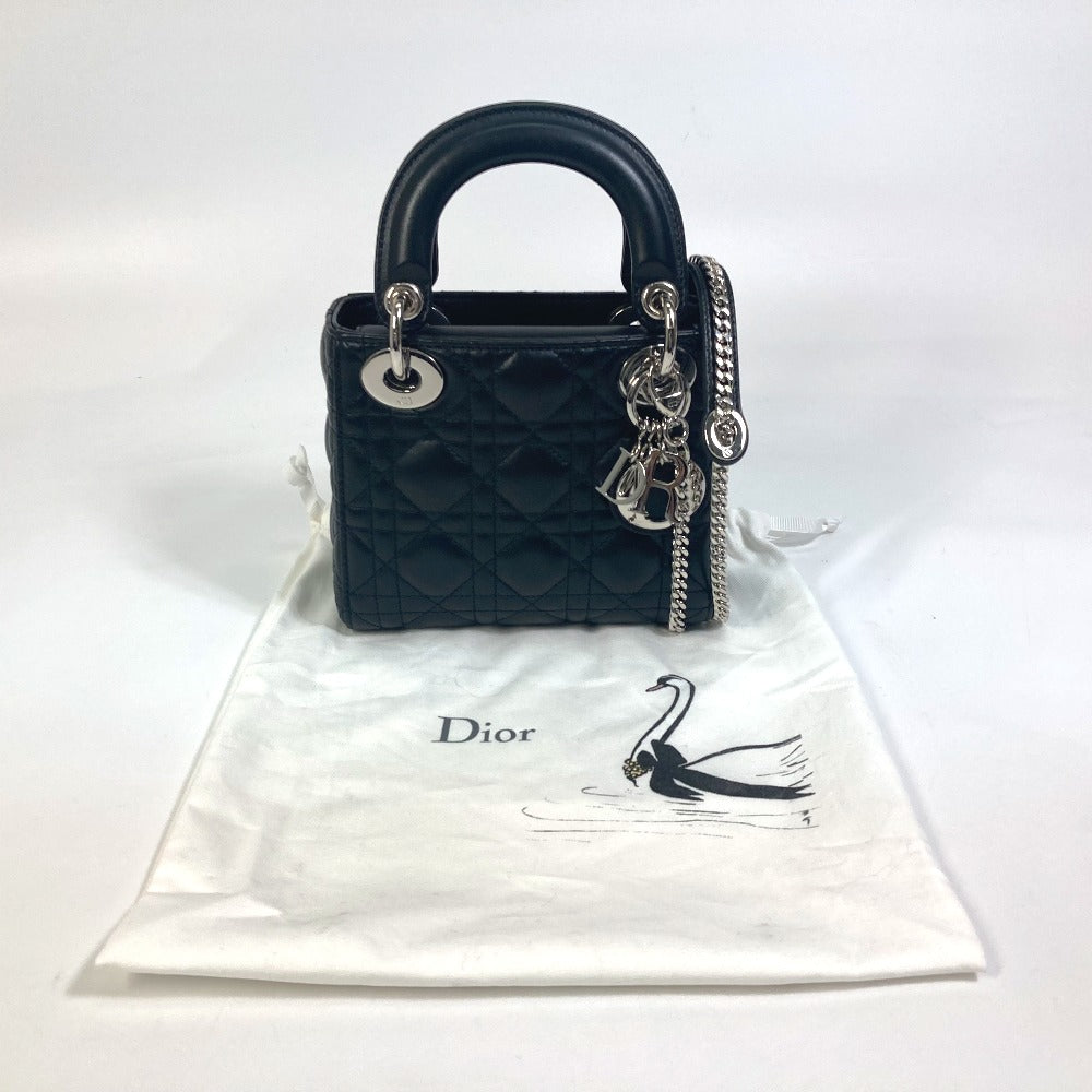 Dior Shoulder Bag Leather Black Lady Dior Cannage Mini Women Used Authentic