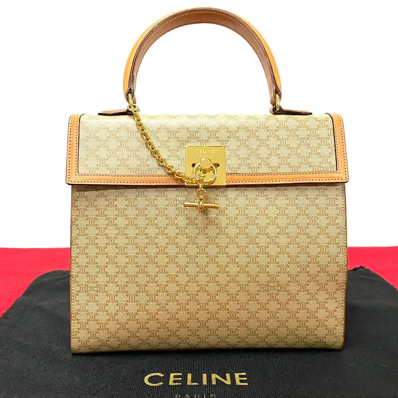 Celine Handbag Leather, Pvc Beige Macadam Blason Triomphe Pattern Logo Ring Metal Women Used Authentic