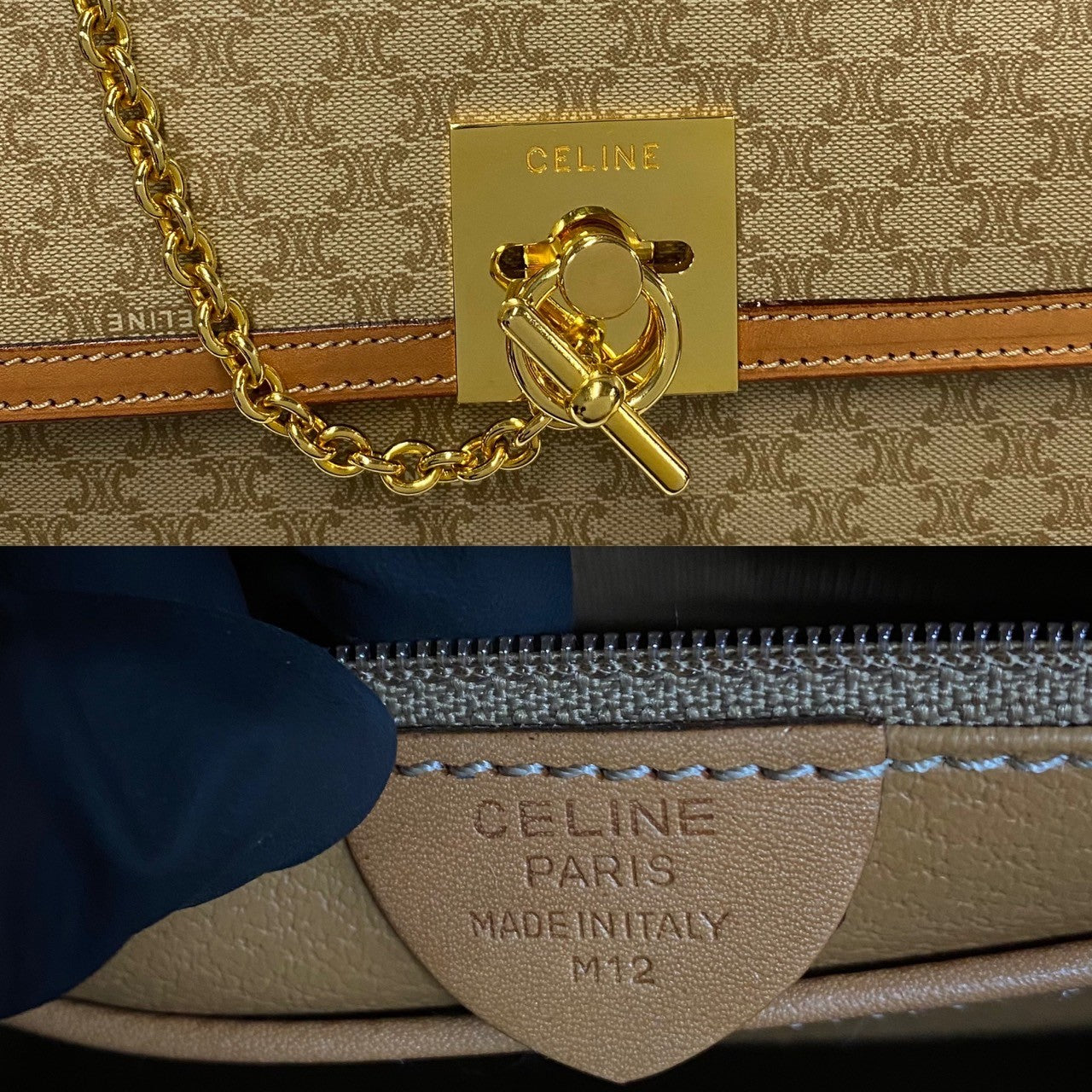 Celine Handbag Leather, Pvc Beige Macadam Blason Triomphe Pattern Logo Ring Metal Women Used Authentic