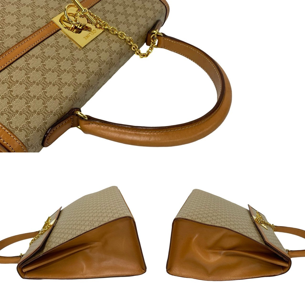 Celine Handbag Leather, Pvc Beige Macadam Blason Triomphe Pattern Logo Ring Metal Women Used Authentic