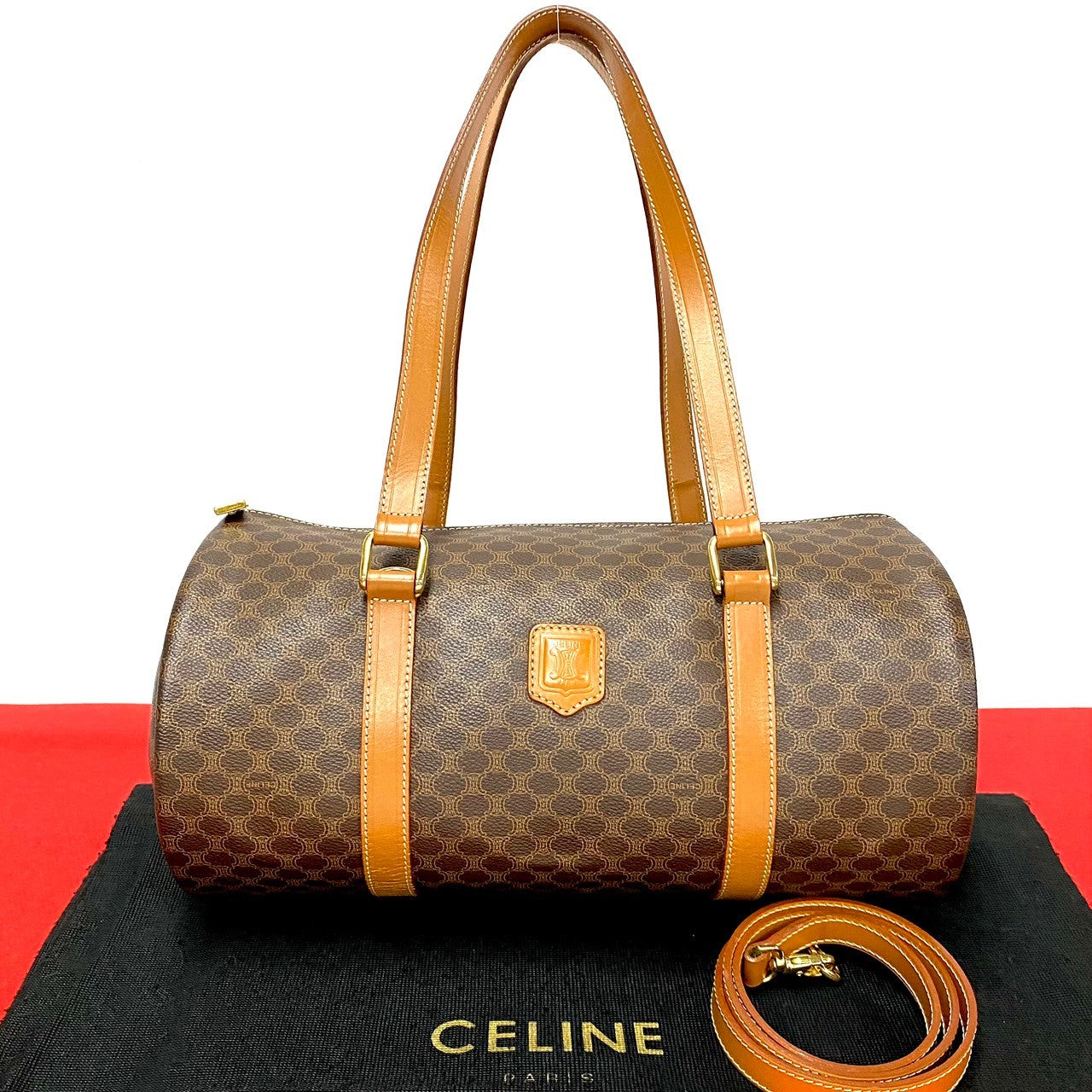 Celine Shoulder Bag Leather, Pvc Brown Macadam Blason Triomphe Pattern Women Used Authentic