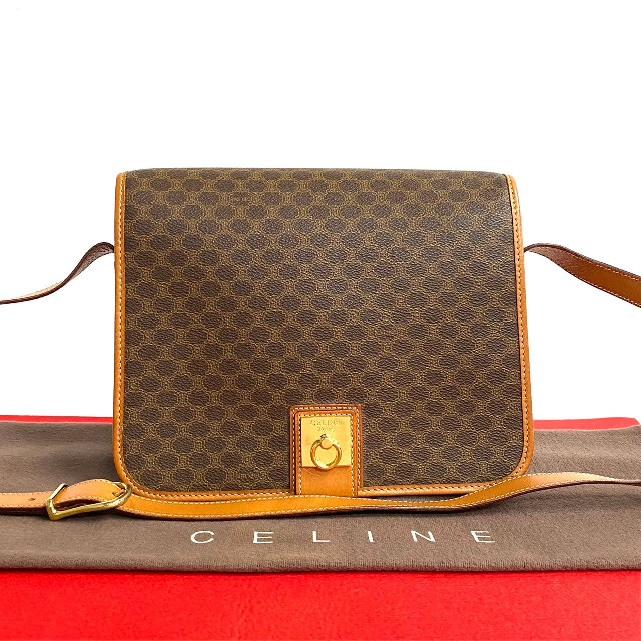 Celine Shoulder Bag Leather, Pvc Brown Macadam Blason Triomphe Pattern Logo Ring Metal Mens(unisex) Used Authentic