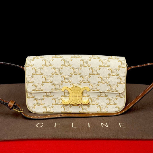 Celine Shoulder Bag Leather, Pvc Ivory Macadam Blason Pattern Triomphe Metal Women Used Authentic