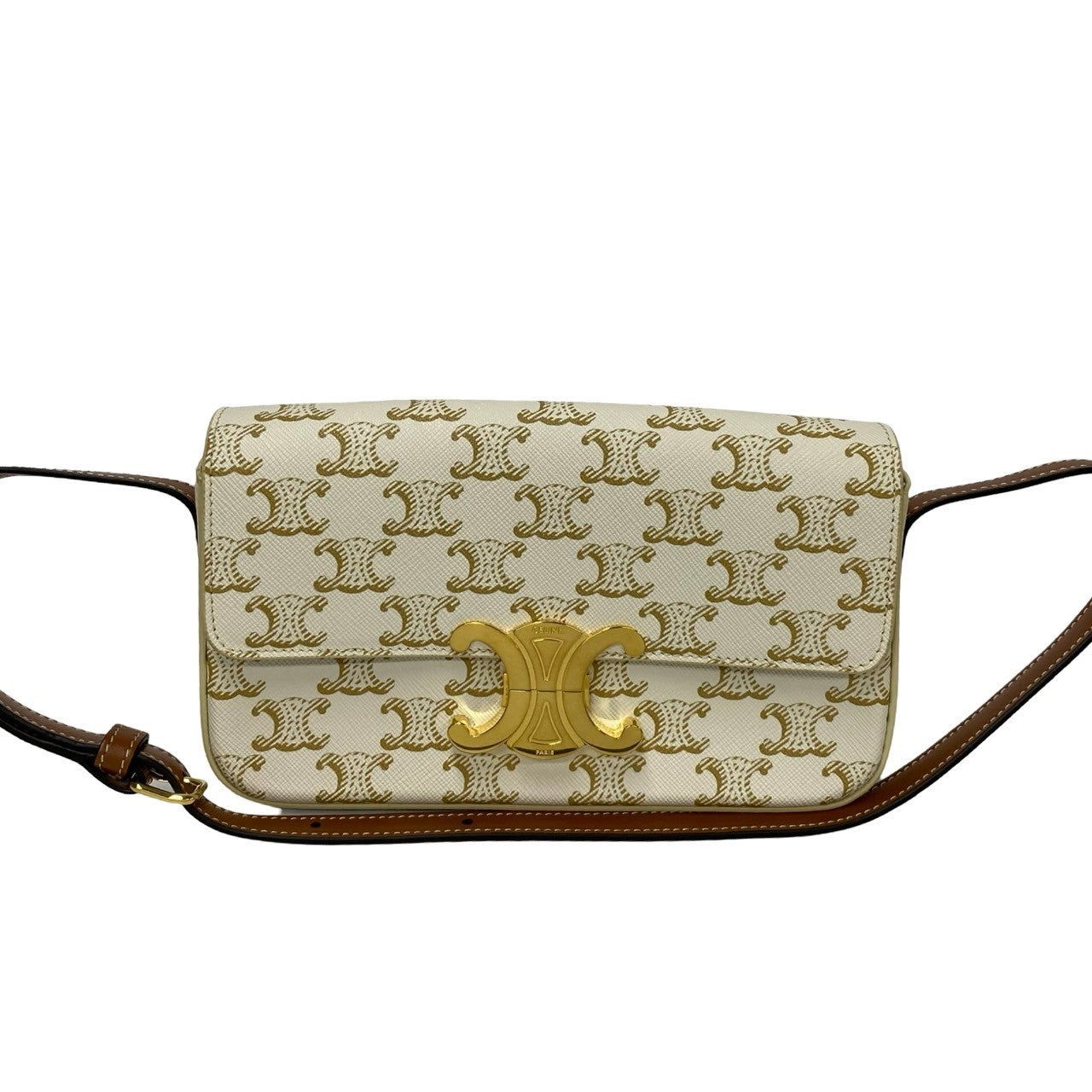 Celine Shoulder Bag Leather, Pvc Ivory Macadam Blason Pattern Triomphe Metal Women Used Authentic