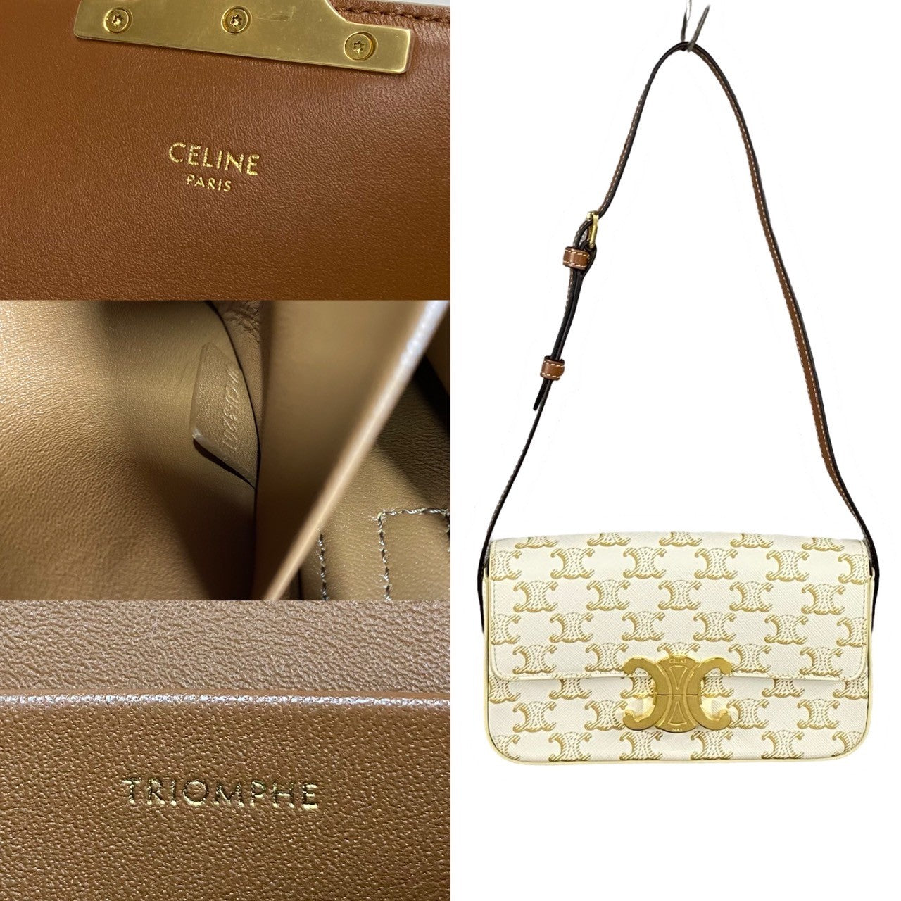 Celine Shoulder Bag Leather, Pvc Ivory Macadam Blason Pattern Triomphe Metal Women Used Authentic