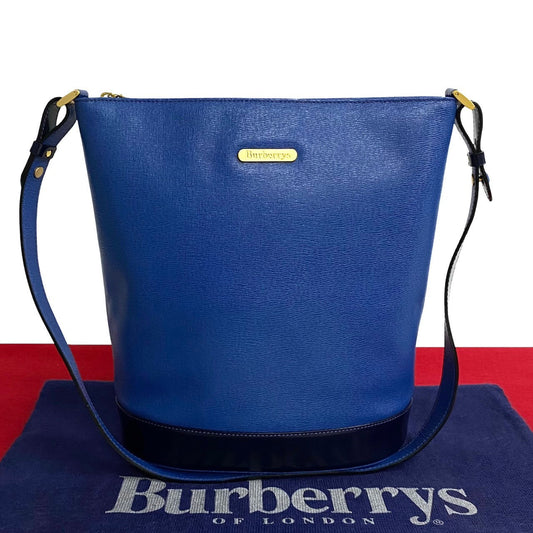 Burberrys Shoulder Bag Leather Blue Logo Metal Nova Check Women Used Authentic