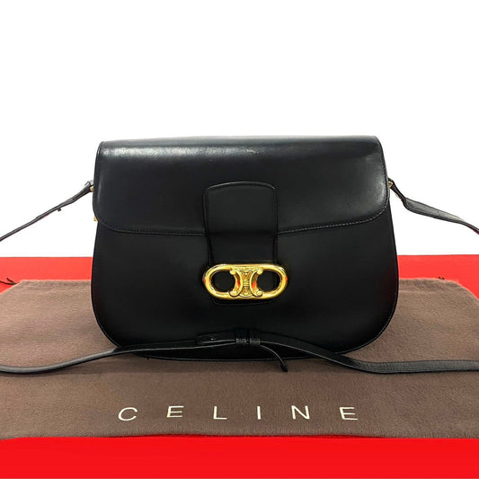 Celine Shoulder Bag Calfskin, Leather Black Triomphe Logo Metal Women Used Authentic