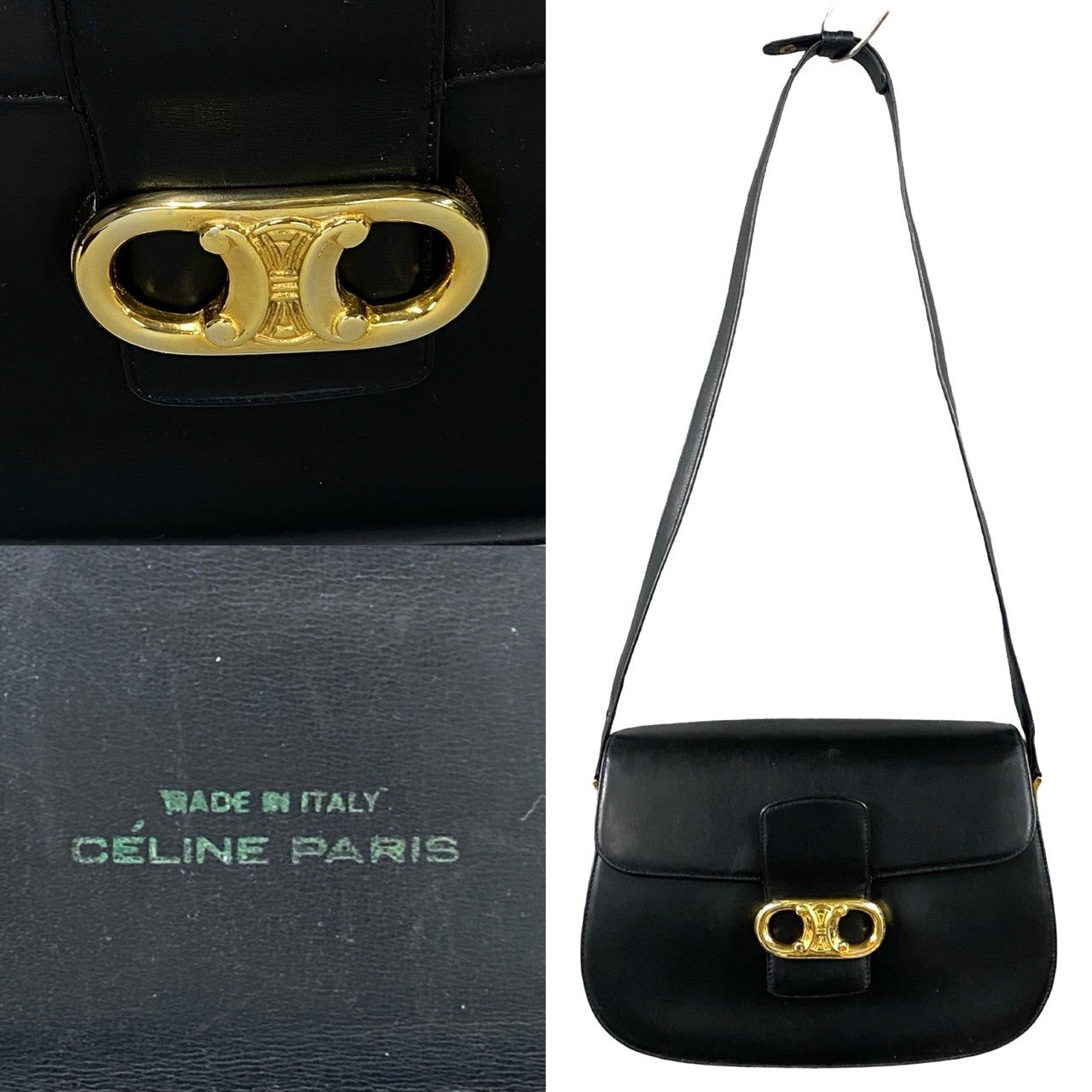 Celine Shoulder Bag Calfskin, Leather Black Triomphe Logo Metal Women Used Authentic