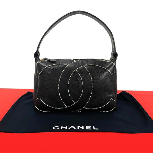 Chanel Shoulder Bag Matt Caviar Skin Black Coco Mark Wild Stitch Women Used Authentic