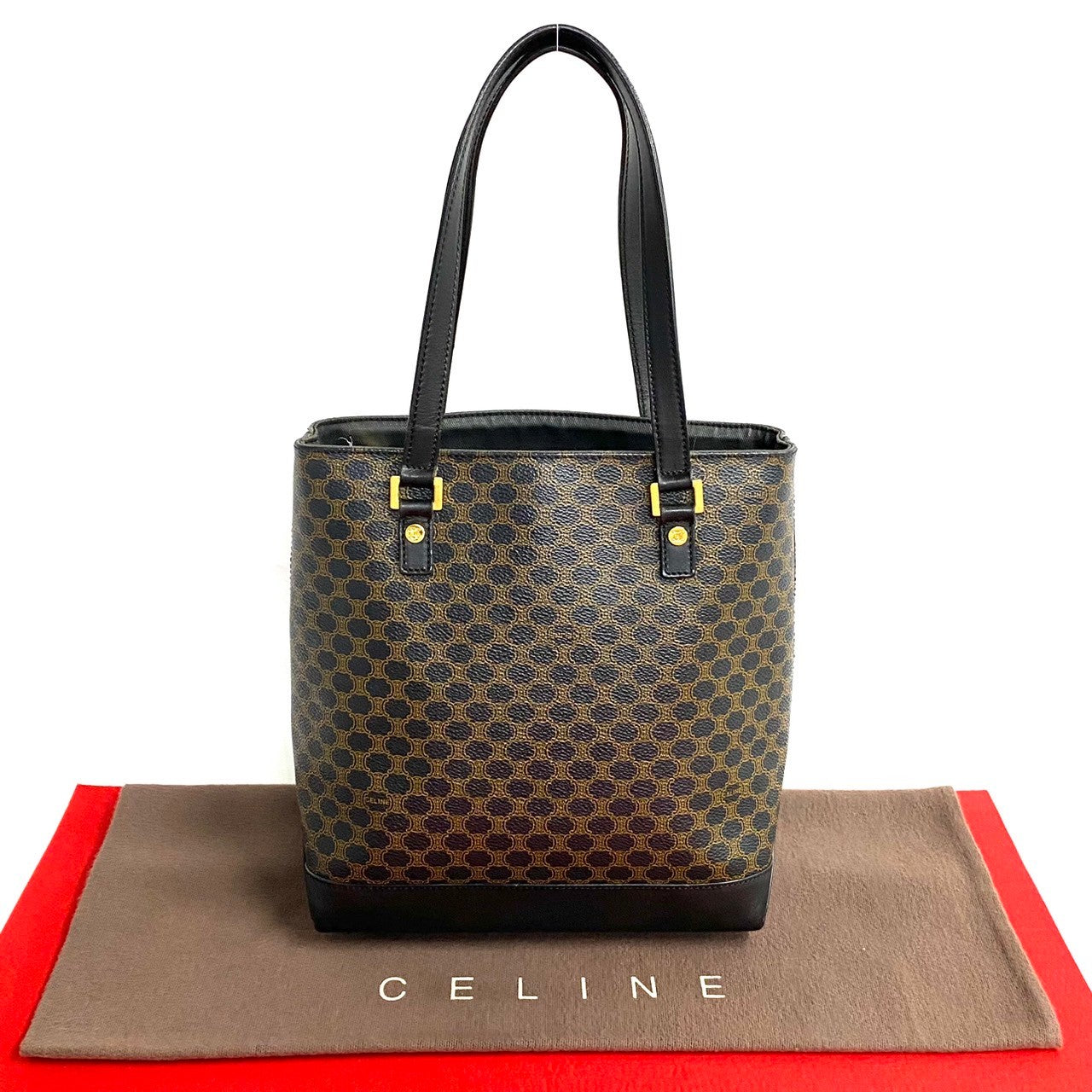 Celine Tote Bag Leather, Pvc Black Macadam Blason Triomphe Pattern Women Used Authentic