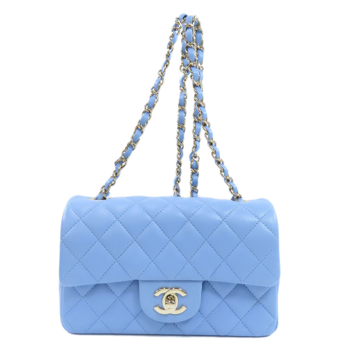 Chanel Shoulder Bag Lambskin Blue Chain Shoulder Matelasse Silver Metal Women Used Authentic