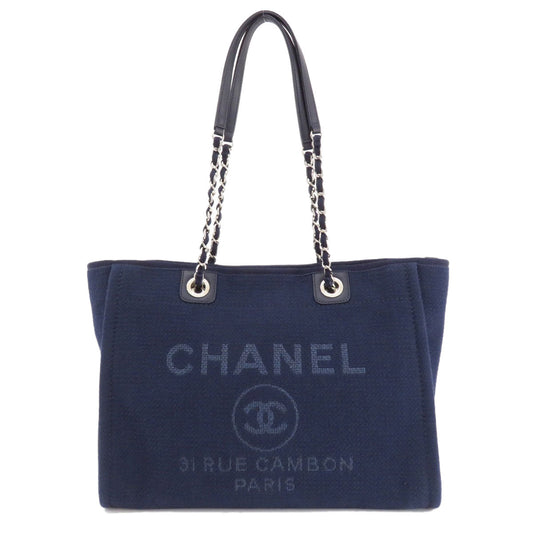 Chanel Tote Bag Canvas Navy Deauville Coco Mark Silver Metal Women Used Authentic