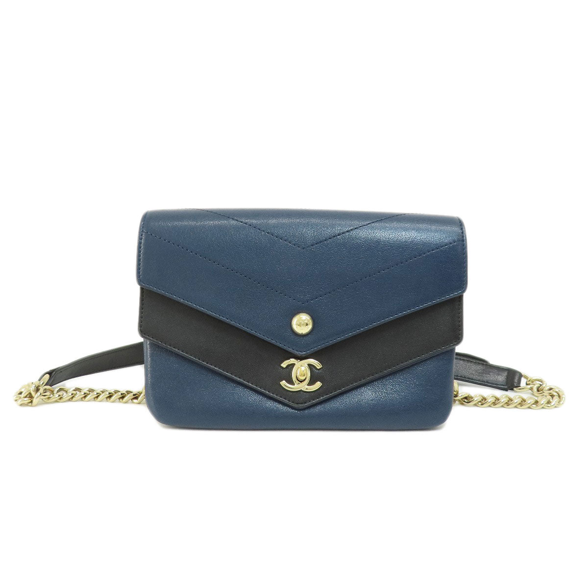 Chanel Sling Bag Calfskin Navy Vstitch Coco Mark Gold Metal Women Used Authentic