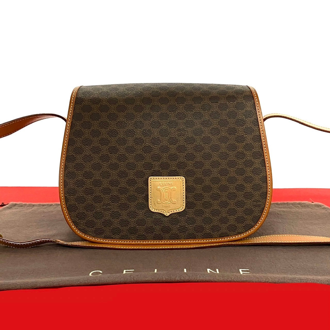 Celine Shoulder Bag Leather, Pvc Brown Macadam Blazon Pattern Triomphe Logo Women Used Authentic