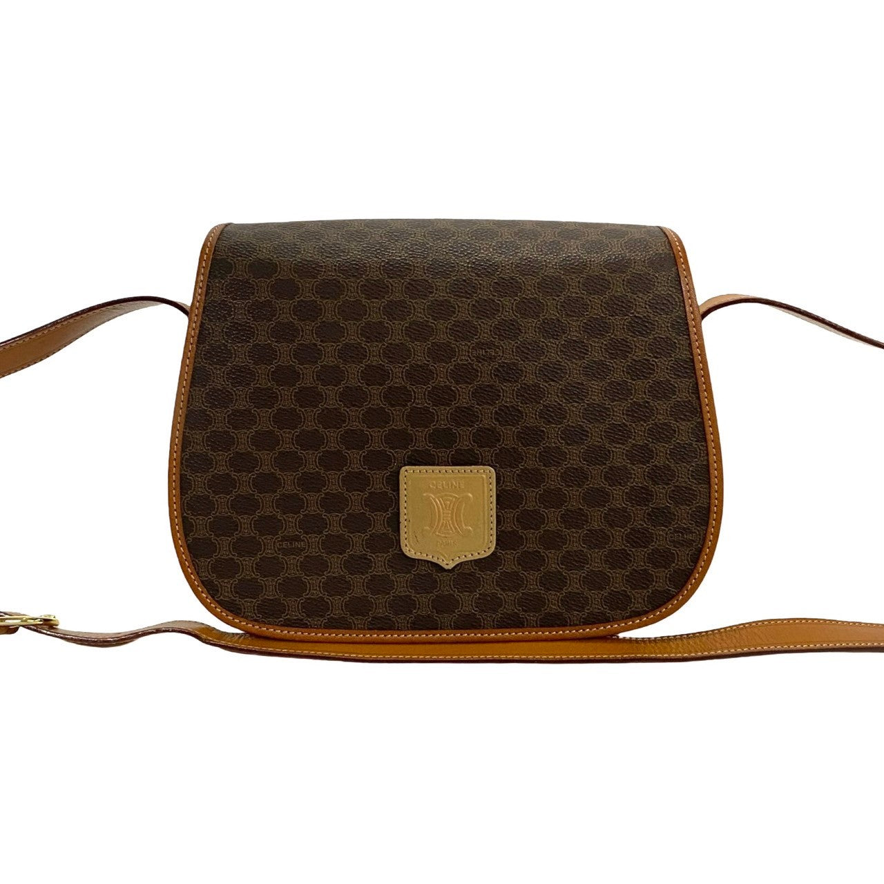 Celine Shoulder Bag Leather, Pvc Brown Macadam Blazon Pattern Triomphe Logo Women Used Authentic