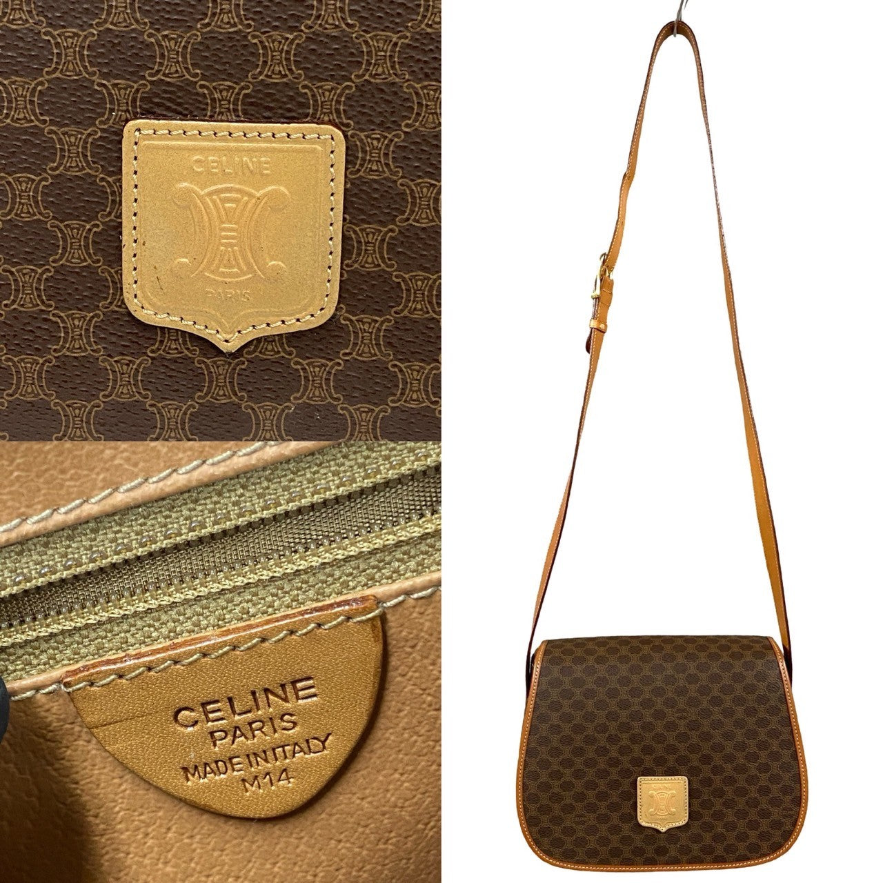 Celine Shoulder Bag Leather, Pvc Brown Macadam Blazon Pattern Triomphe Logo Women Used Authentic