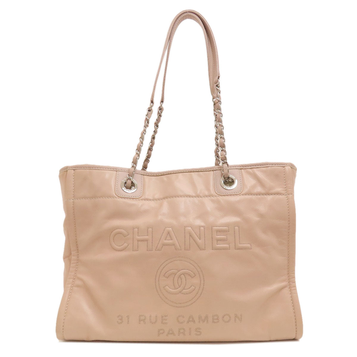 Chanel Tote Bag Calfskin Pink Deauville Mm Silver Metal