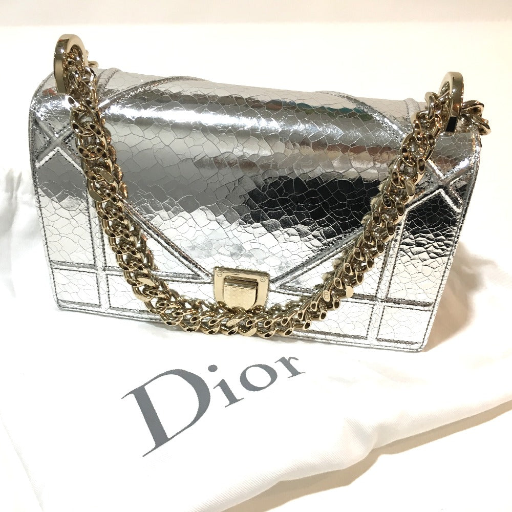 Dior Shoulder Bag Leather Silver Small Flap Bag Diorama Women Used Authentic