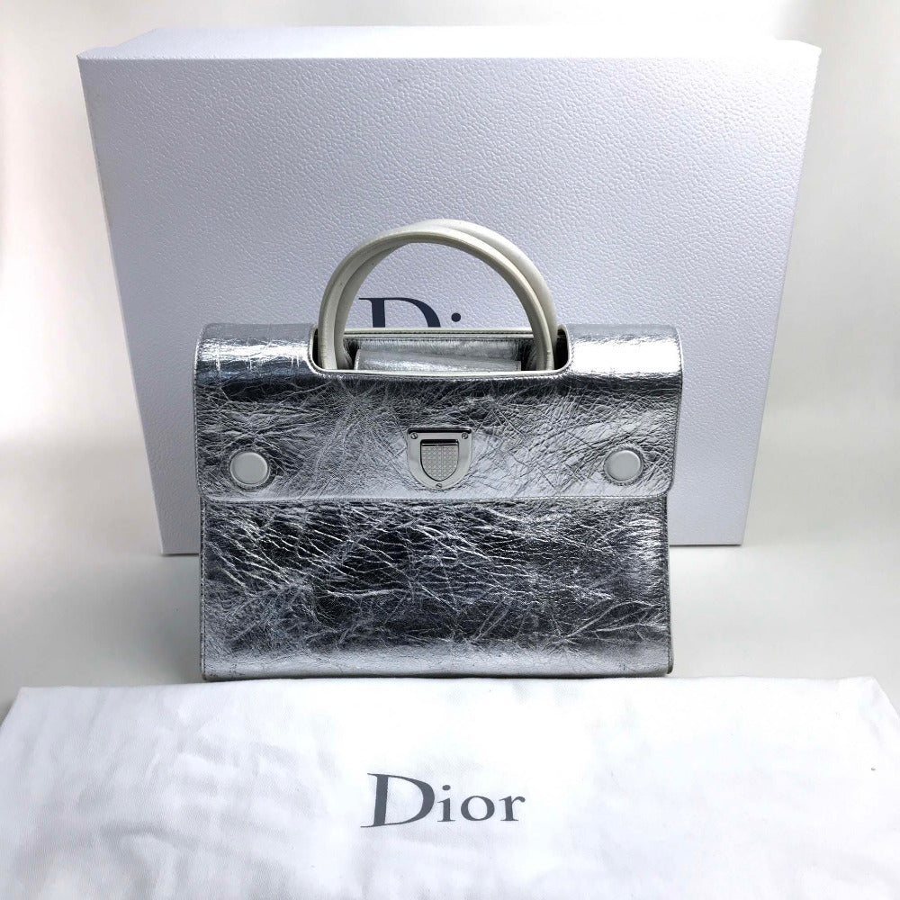 Christian Dior Handbag Leather Metallic Silver Diorever Women Used Authentic