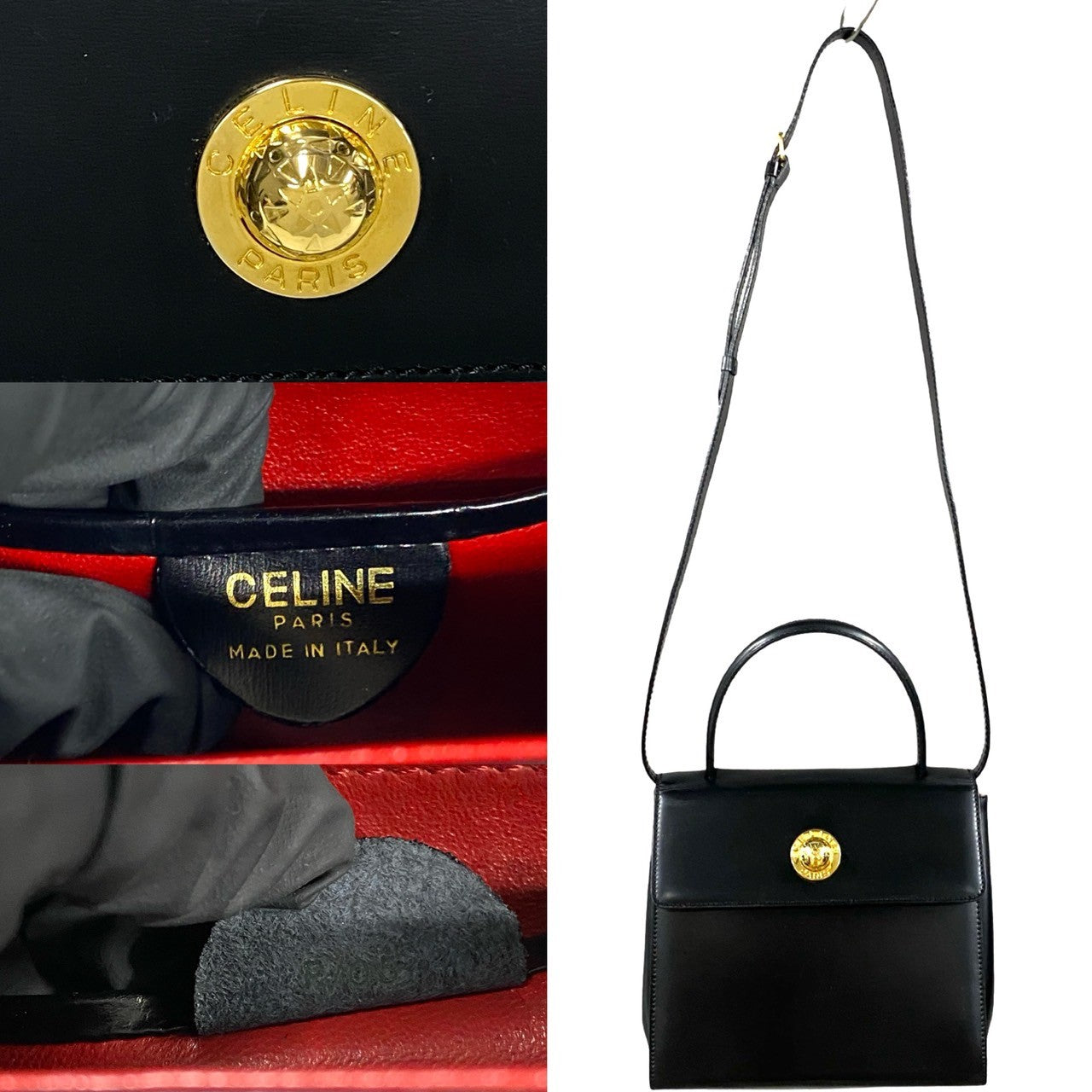 Celine Shoulder Bag Leather Black Star Ball Metal Women Used Authentic